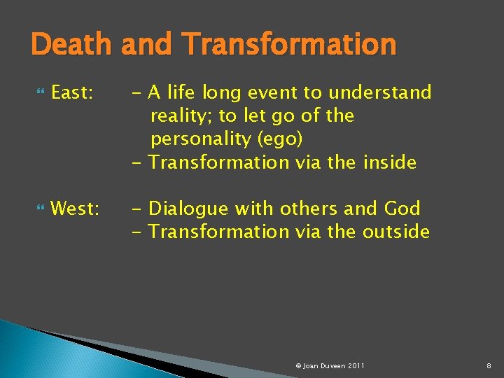 Death and Transformation East: - A life long event to understand reality; to let