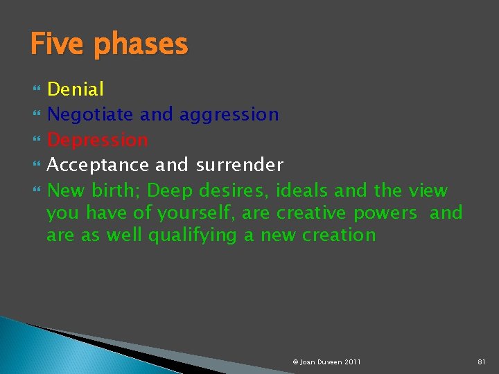 Five phases Denial Negotiate and aggression Depression Acceptance and surrender New birth; Deep desires,