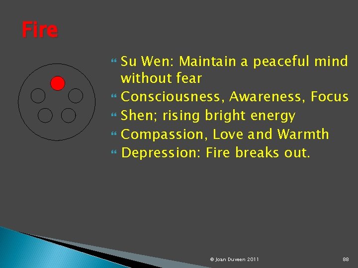 Fire Su Wen: Maintain a peaceful mind without fear Consciousness, Awareness, Focus Shen; rising