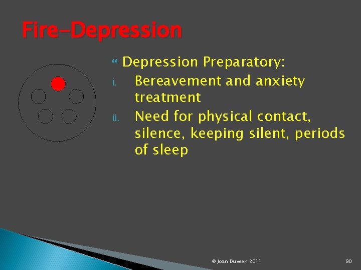 Fire-Depression Preparatory: i. Bereavement and anxiety treatment ii. Need for physical contact, silence, keeping