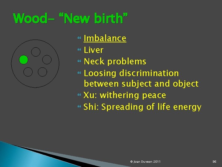 Wood- “New birth” Imbalance Liver Neck problems Loosing discrimination between subject and object Xu: