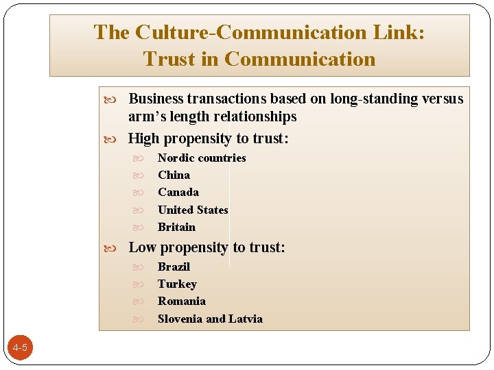 The Culture-Communication Link: Trust in Communication Business transactions based on long-standing versus arm’s length