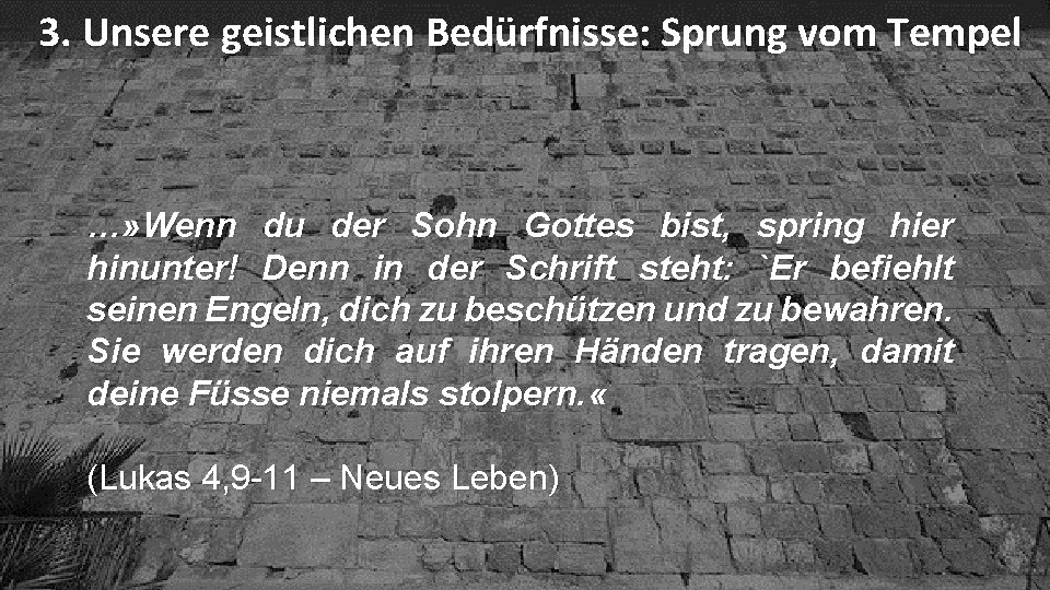 3. Unsere geistlichen Bedürfnisse: Sprung vom Tempel …» Wenn du der Sohn Gottes bist,