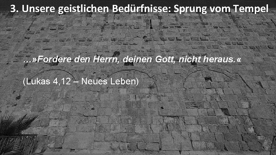 3. Unsere geistlichen Bedürfnisse: Sprung vom Tempel …» Fordere den Herrn, deinen Gott, nicht 3. Unsere geistlichen Bedürfnisse: Sprung vom Tempel …» Fordere den Herrn, deinen Gott, nicht