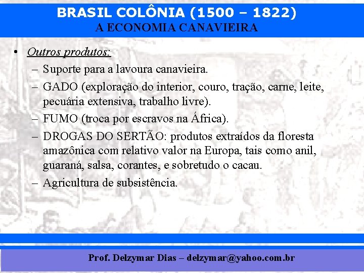 BRASIL COLÔNIA (1500 – 1822) A ECONOMIA CANAVIEIRA • Outros produtos: – Suporte para