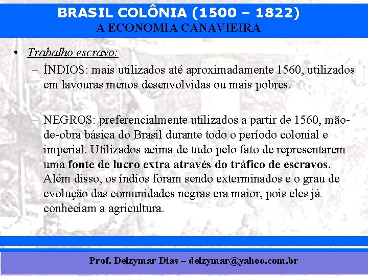 BRASIL COLÔNIA (1500 – 1822) A ECONOMIA CANAVIEIRA • Trabalho escravo: – ÍNDIOS: mais