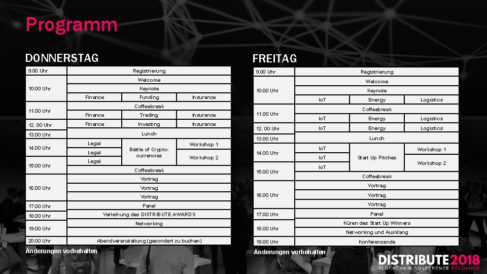 Programm DONNERSTAG FREITAG 9. 00 Uhr Registrierung Welcome 10. 00 Uhr Keynote Finance 11.