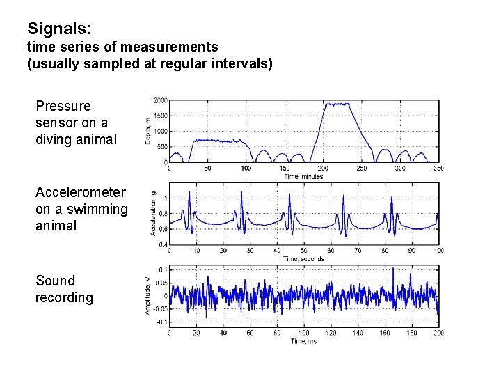 Signals: time series of measurements (usually sampled at regular intervals) Pressure sensor on a