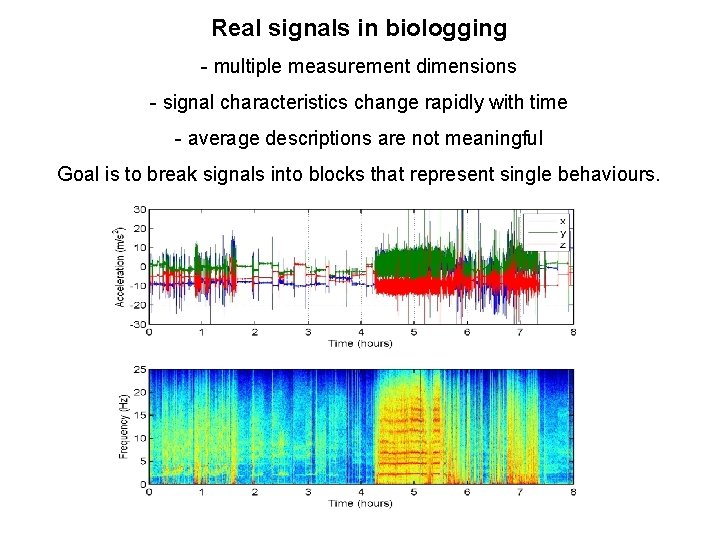 Real signals in biologging -- multiple measurement dimensions -- signal characteristics change rapidly with