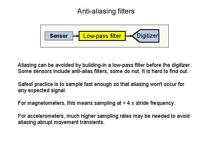 Anti-aliasing filters Sensor Low-pass filter Digitizer Aliasing can be avoided by building-in a low-pass