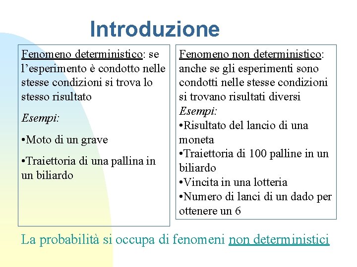 Introduzione Fenomeno deterministico: se l’esperimento è condotto nelle stesse condizioni si trova lo stesso