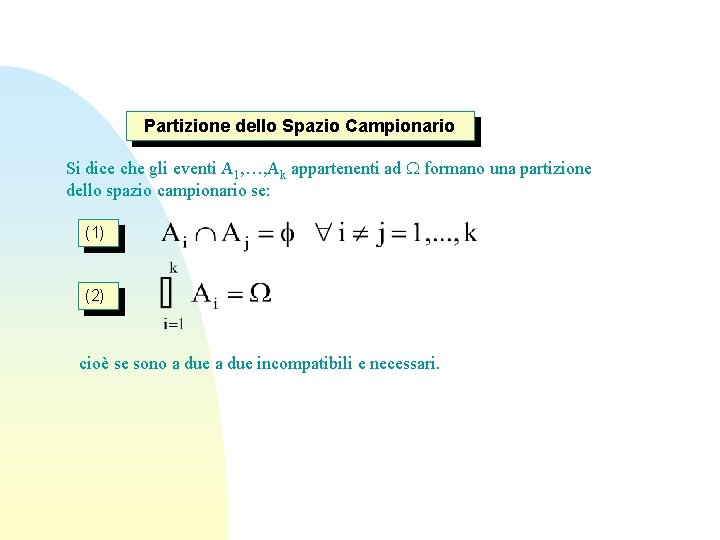Partizione dello Spazio Campionario Si dice che gli eventi A 1, …, Ak appartenenti