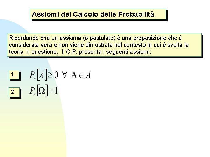 Assiomi del Calcolo delle Probabilità. Ricordando che un assioma (o postulato) è una proposizione