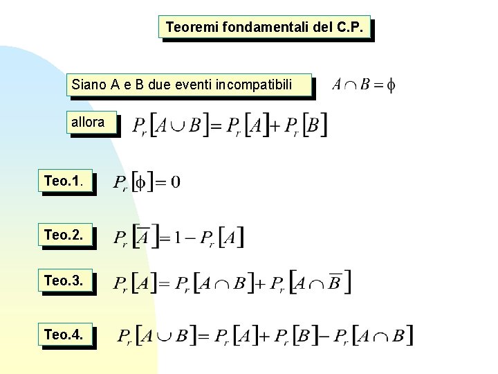 Teoremi fondamentali del C. P. Siano A e B due eventi incompatibili allora Teo.