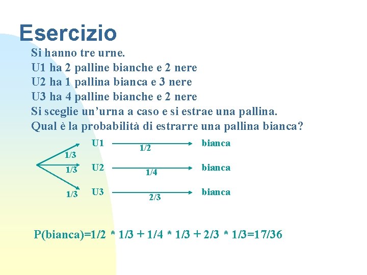Esercizio Si hanno tre urne. U 1 ha 2 palline bianche e 2 nere