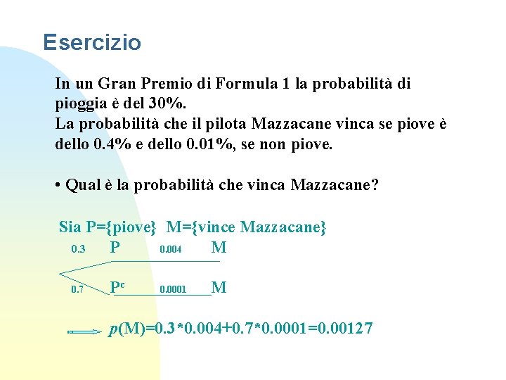 Esercizio In un Gran Premio di Formula 1 la probabilità di pioggia è del