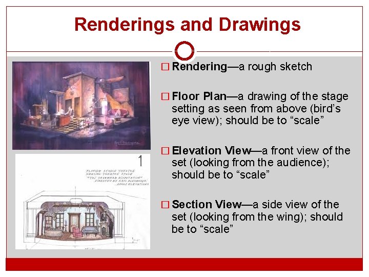 Renderings and Drawings � Rendering—a rough sketch � Floor Plan—a drawing of the stage