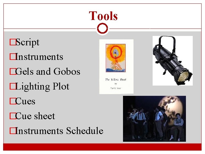 Tools �Script �Instruments �Gels and Gobos �Lighting Plot �Cues �Cue sheet �Instruments Schedule 