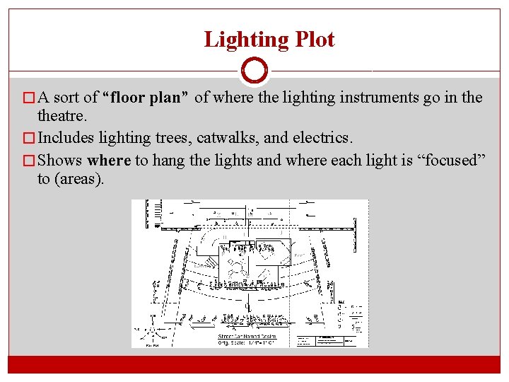 Lighting Plot � A sort of “floor plan” of where the lighting instruments go