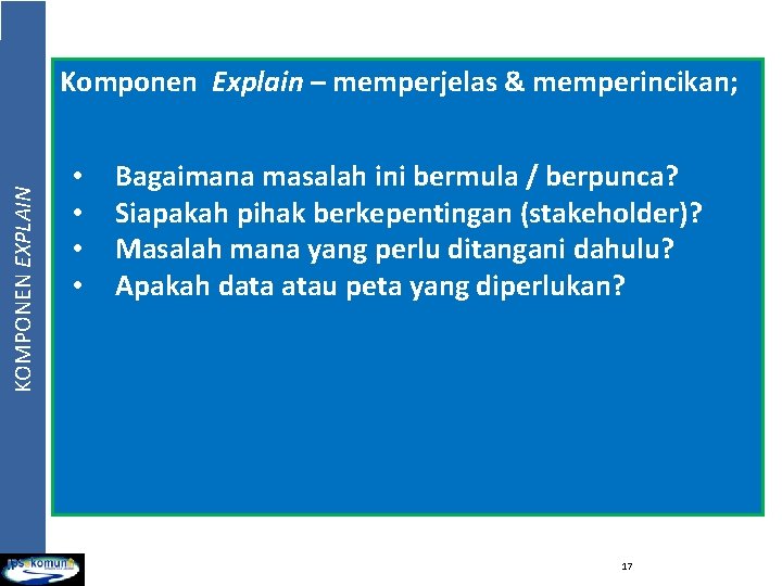 KOMPONEN EXPLAIN Komponen Explain – memperjelas & memperincikan; • • Bagaimana masalah ini bermula KOMPONEN EXPLAIN Komponen Explain – memperjelas & memperincikan; • • Bagaimana masalah ini bermula