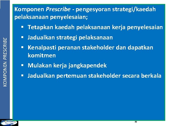 Komponen Prescribe - pengesyoran strategi/kaedah pelaksanaan penyelesaian; KOMPONEN PRESCRIBE § Tetapkan kaedah pelaksanaan kerja