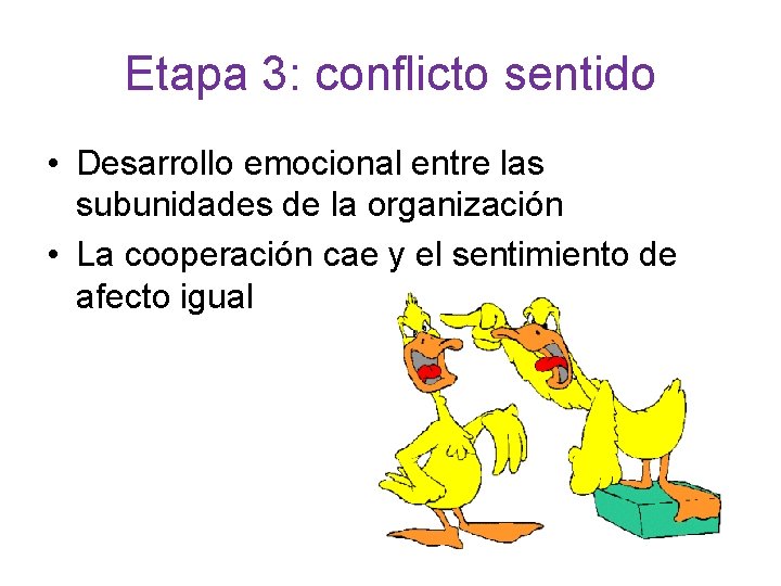 Etapa 3: conflicto sentido • Desarrollo emocional entre las subunidades de la organización •