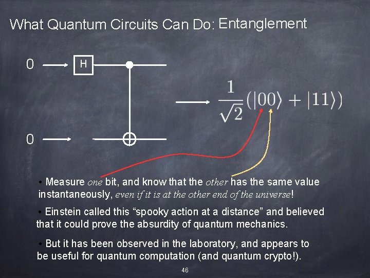 What Quantum Circuits Can Do: Entanglement 0 H 0 • Measure one bit, and