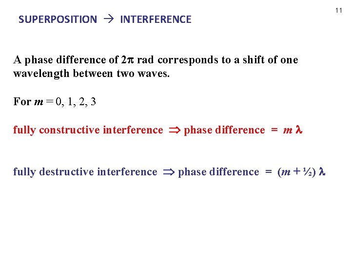 SUPERPOSITION INTERFERENCE A phase difference of 2 rad corresponds to a shift of one