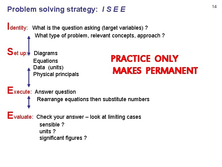 Problem solving strategy: I S E E Identity: What is the question asking (target