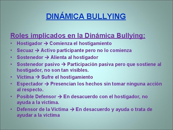 DINÁMICA BULLYING Roles implicados en la Dinámica Bullying: • • Hostigador Comienza el hostigamiento