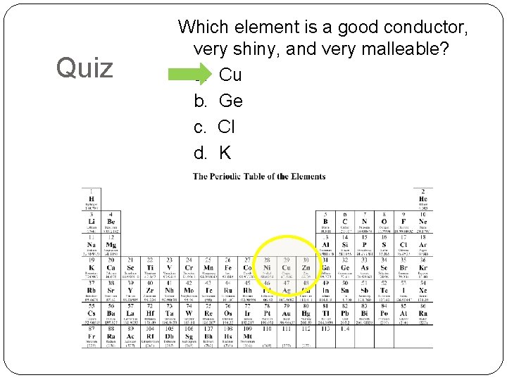 Quiz Which element is a good conductor, very shiny, and very malleable? a. Cu
