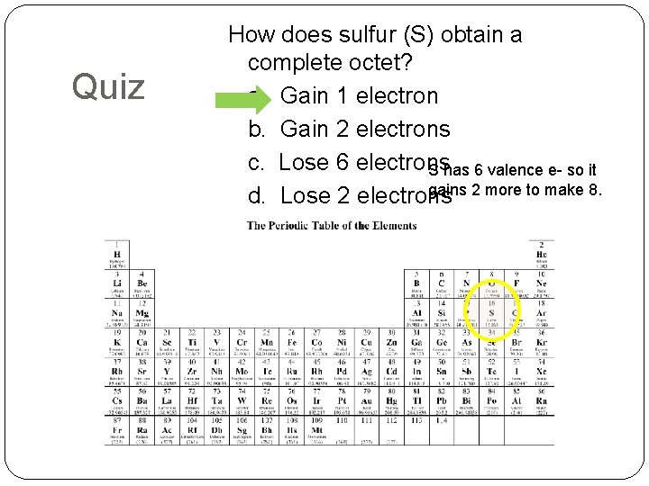 Quiz How does sulfur (S) obtain a complete octet? a. Gain 1 electron b.