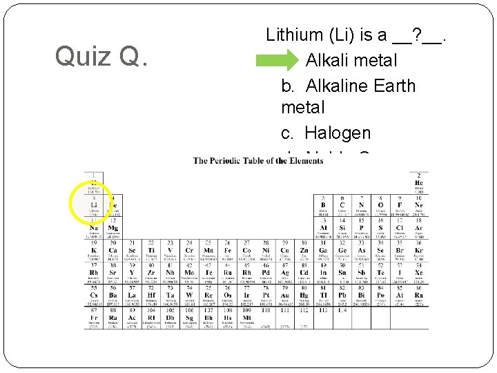 Quiz Q. Lithium (Li) is a __? __. a. Alkali metal b. Alkaline Earth