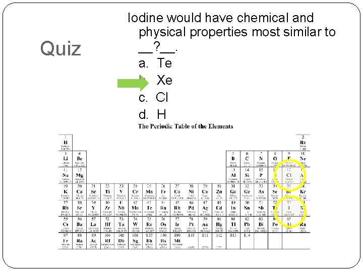 Quiz Iodine would have chemical and physical properties most similar to __? __. a.