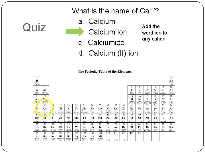 Quiz What is the name of Ca+2? a. Calcium Add the word ion to