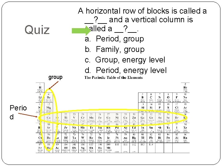 Quiz group Perio d A horizontal row of blocks is called a __? __