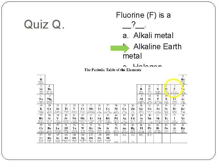 Quiz Q. Fluorine (F) is a __? __. a. Alkali metal b. Alkaline Earth