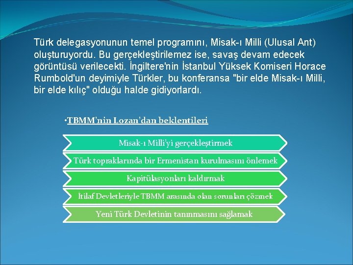 Türk delegasyonunun temel programını, Misak-ı Milli (Ulusal Ant) oluşturuyordu. Bu gerçekleştirilemez ise, savaş devam