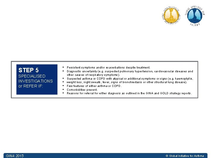 STEP 3 PERFORM SPIROMETRY STEP 5 SPECIALISED INVESTIGATIONS or REFER IF: GINA 2015 •