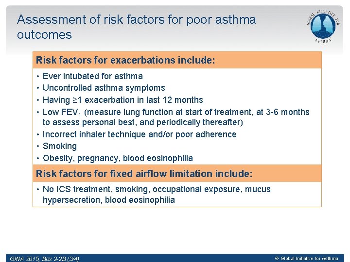 Assessment of risk factors for poor asthma outcomes Risk factors for exacerbations include: •