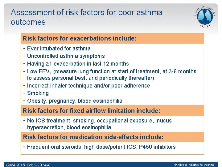 Assessment of risk factors for poor asthma outcomes Risk factors for exacerbations include: •