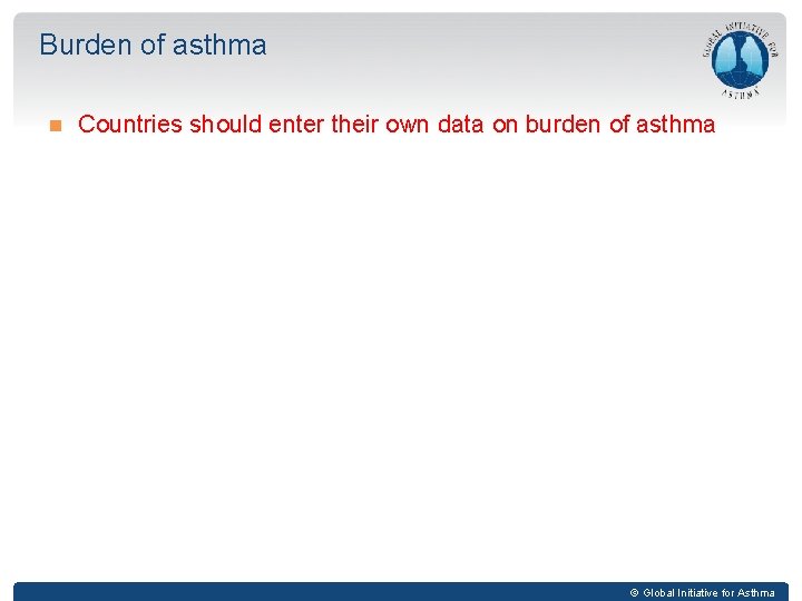 Burden of asthma Countries should enter their own data on burden of asthma ©