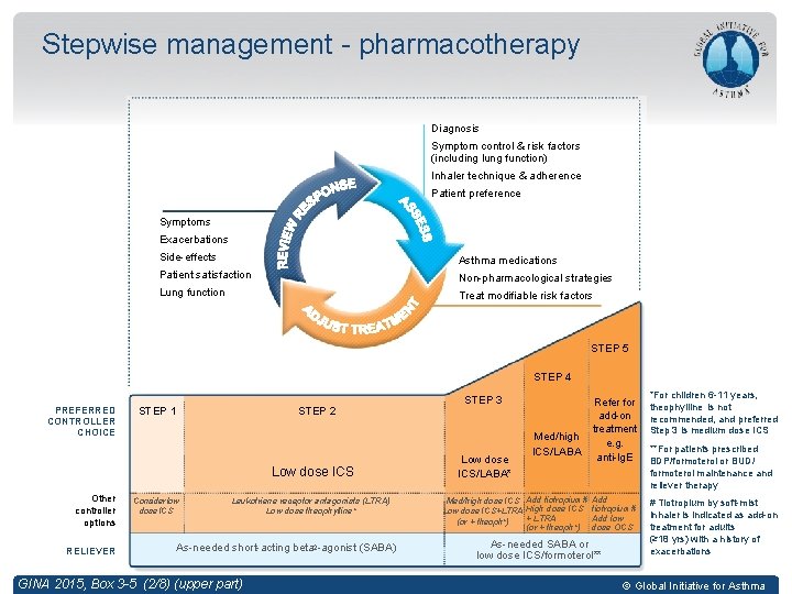 Stepwise management - pharmacotherapy Diagnosis Symptom control & risk factors (including lung function) Inhaler