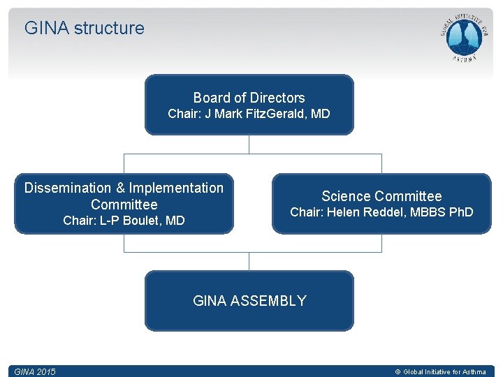 GINA structure Board of Directors Chair: J Mark Fitz. Gerald, MD Dissemination & Implementation