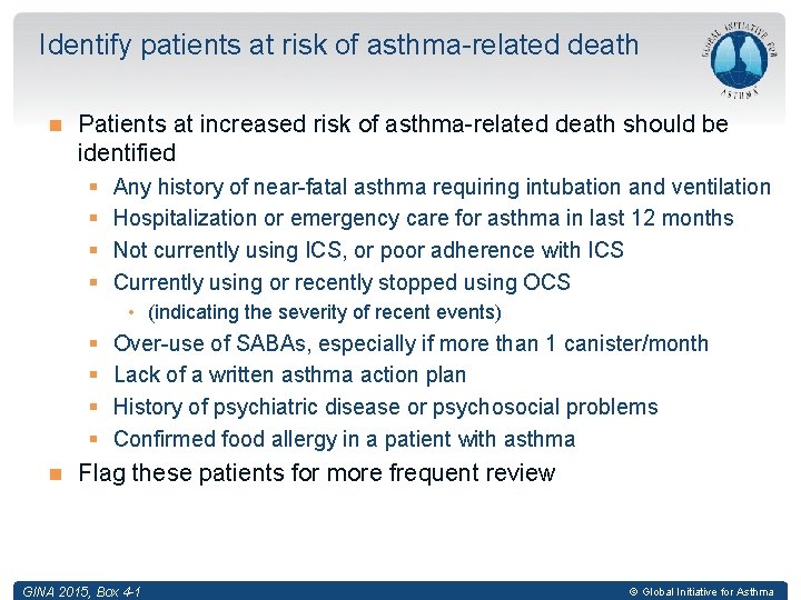 Identify patients at risk of asthma-related death Patients at increased risk of asthma-related death
