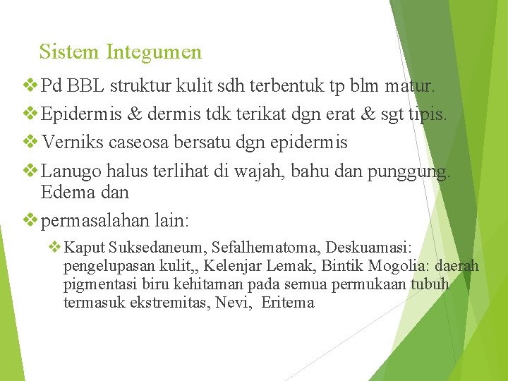 Sistem Integumen v Pd BBL struktur kulit sdh terbentuk tp blm matur. v Epidermis