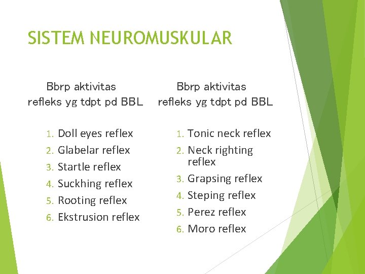 SISTEM NEUROMUSKULAR Bbrp aktivitas refleks yg tdpt pd BBL 1. 2. 3. 4. 5.