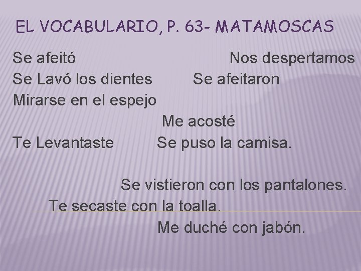 EL VOCABULARIO, P. 63 - MATAMOSCAS Se afeitó Nos despertamos Se Lavó los dientes EL VOCABULARIO, P. 63 - MATAMOSCAS Se afeitó Nos despertamos Se Lavó los dientes