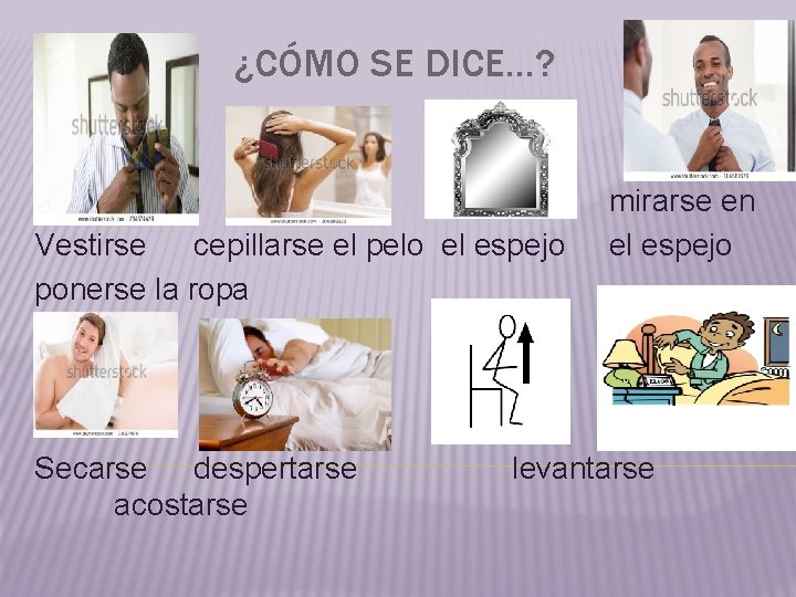 ¿CÓMO SE DICE…? mirarse en Vestirse cepillarse el pelo el espejo ponerse la ropa ¿CÓMO SE DICE…? mirarse en Vestirse cepillarse el pelo el espejo ponerse la ropa