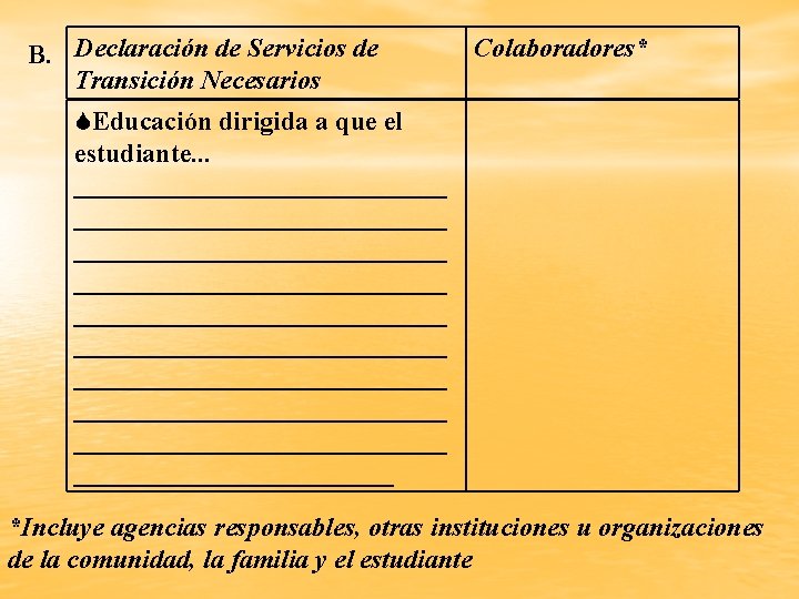 B. Declaración de Servicios de Transición Necesarios Colaboradores* Educación dirigida a que el estudiante.